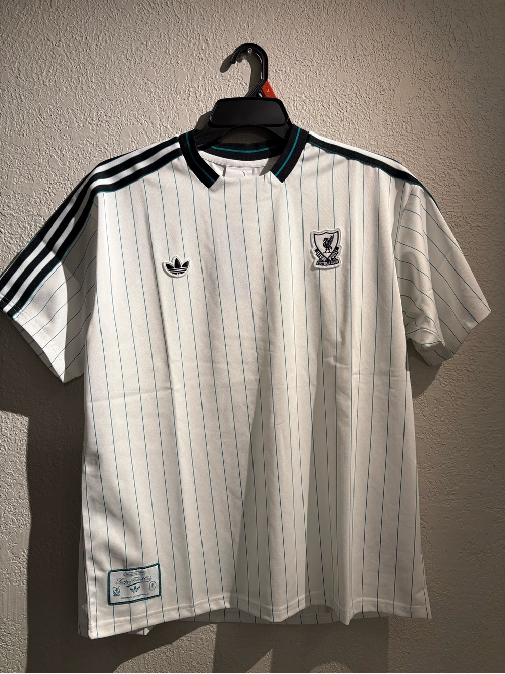 adidas White Shirt with Teal Pinstripes and Black Trim